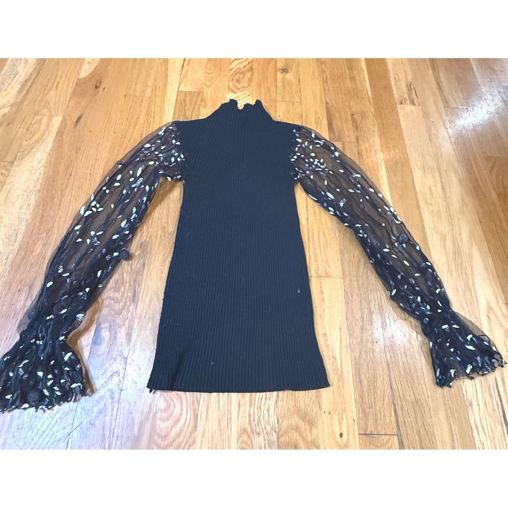 Pavi Italy Design Black Ribbed Mock Neck Top Sheer‎ Embroidered Pom Pom Sleeves